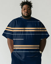 Men's Plus Size Casual Blue Stripe Print Short Sleeve T-Shirt Shorts Suit